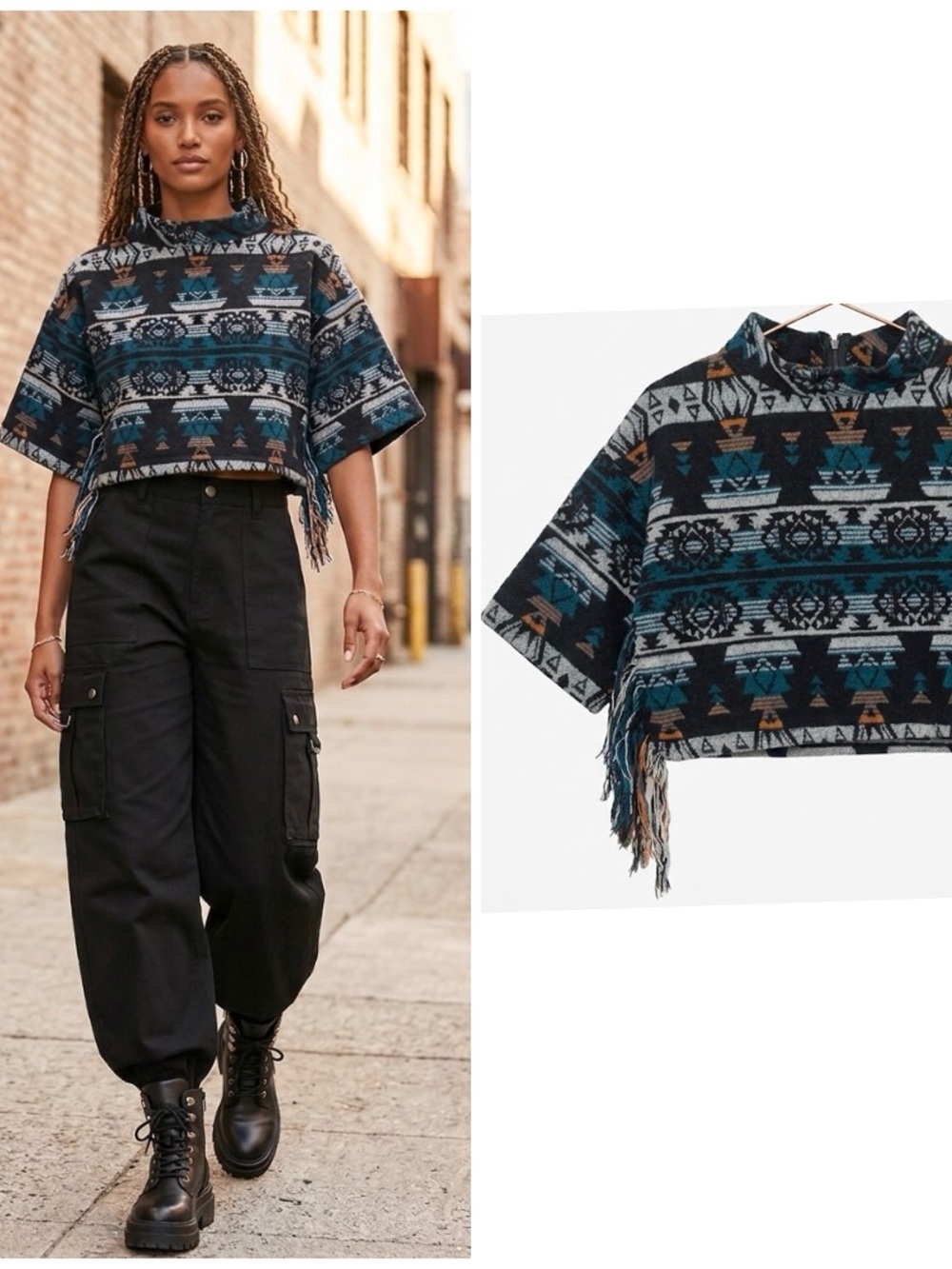 Romeo+Juliet Couture Crop Wool Blend Aztec Southwestern Boho Knit Festival Top S